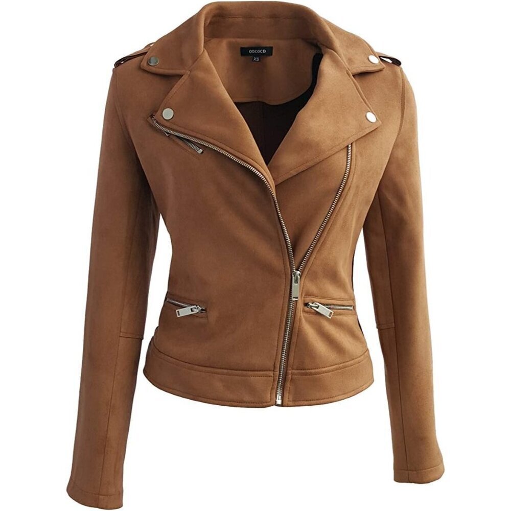 Women's Faux Suede Jacket Long Sleeves Zipper Up Casual Outwear Coffee